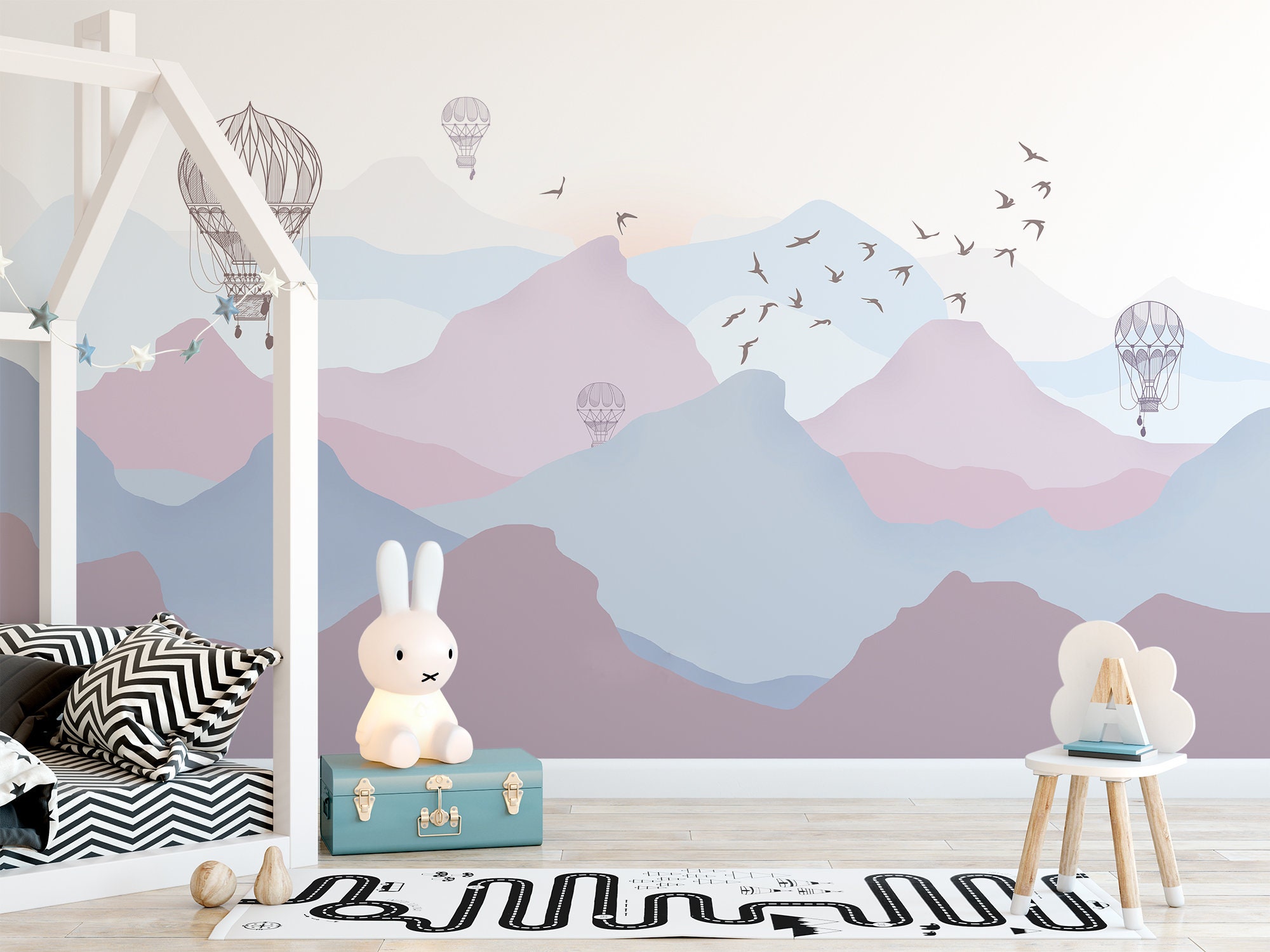 Kids Mountain Wallpaper for Nursery Landscape With Hot Air Balloons ...