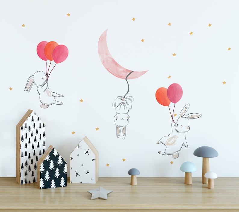 Kids Wall Decal | Cute Bunny Wall Sticker With Colorful Balloons - Etsy