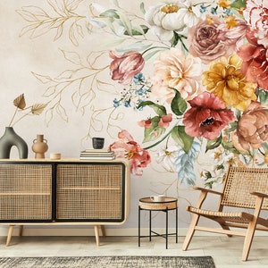 Peony Floral Wallpaper Peel and Stick | Watercolor Colorful Flower Bouquet with Gold Details Wall Mural | Watercolor Floral Art Wallpaper