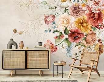 Peonía Papel tapiz floral Peel and Stick / Acuarela Colorido Ramo de flores con detalles dorados Mural de pared / Acuarela Papel tapiz de arte floral
