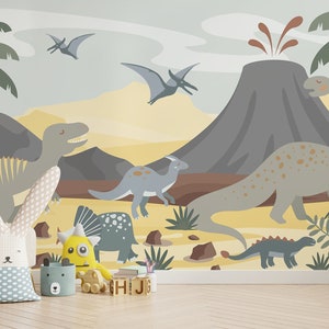 Carta da parati per bambini con dinosauri ad acquerello / Carta da parati staccabile e incollata in colori tenui del mondo giurassico / Carta da parati della preistoria