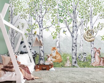 Kids Wallpaper Cute Forest Animals in the Forest Wall Mural Peel and Stick