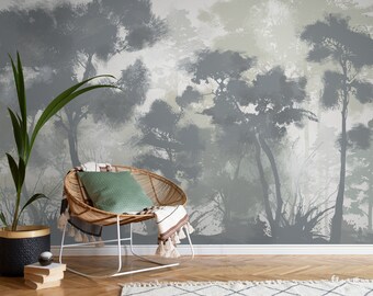 Carta da parati monocromatica con albero/Decorazione murale con paesaggio forestale staccabile e incolla/Carta da parati con paesaggio dalla silhouette moderna