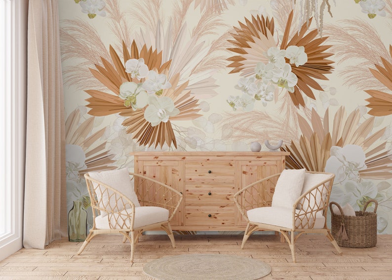Boho Floral Wallpaper Neutral Palm Leaf With Pampas Wall Etsy