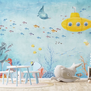 Carta da parati per bambini con oceano sottomarino, pesci carini con sottomarino, decorazione murale stacca e incolla