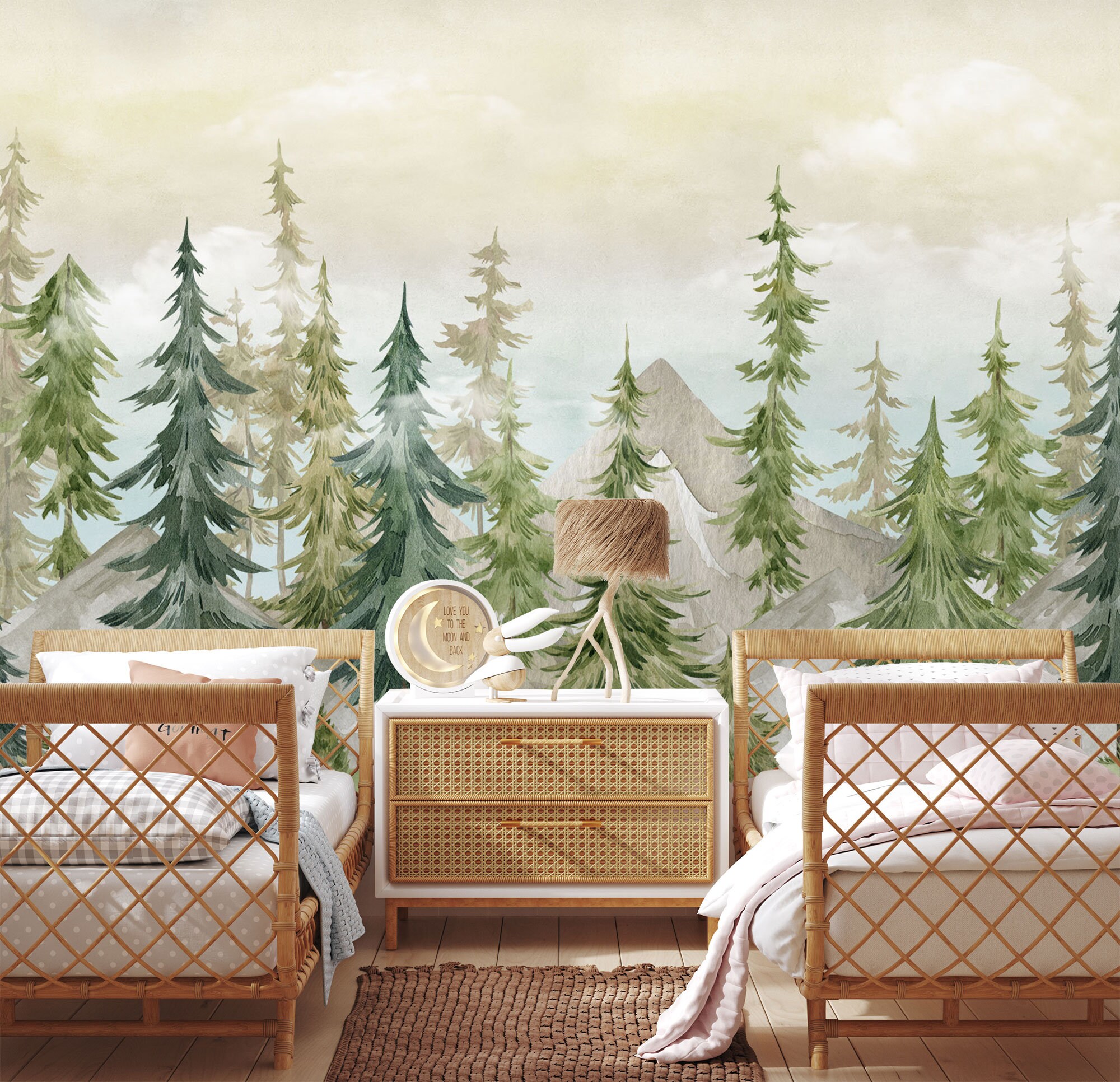 Watercolor Kids Forest Wallpaper Peel and Stick Nursery Pine Tree Wall ...