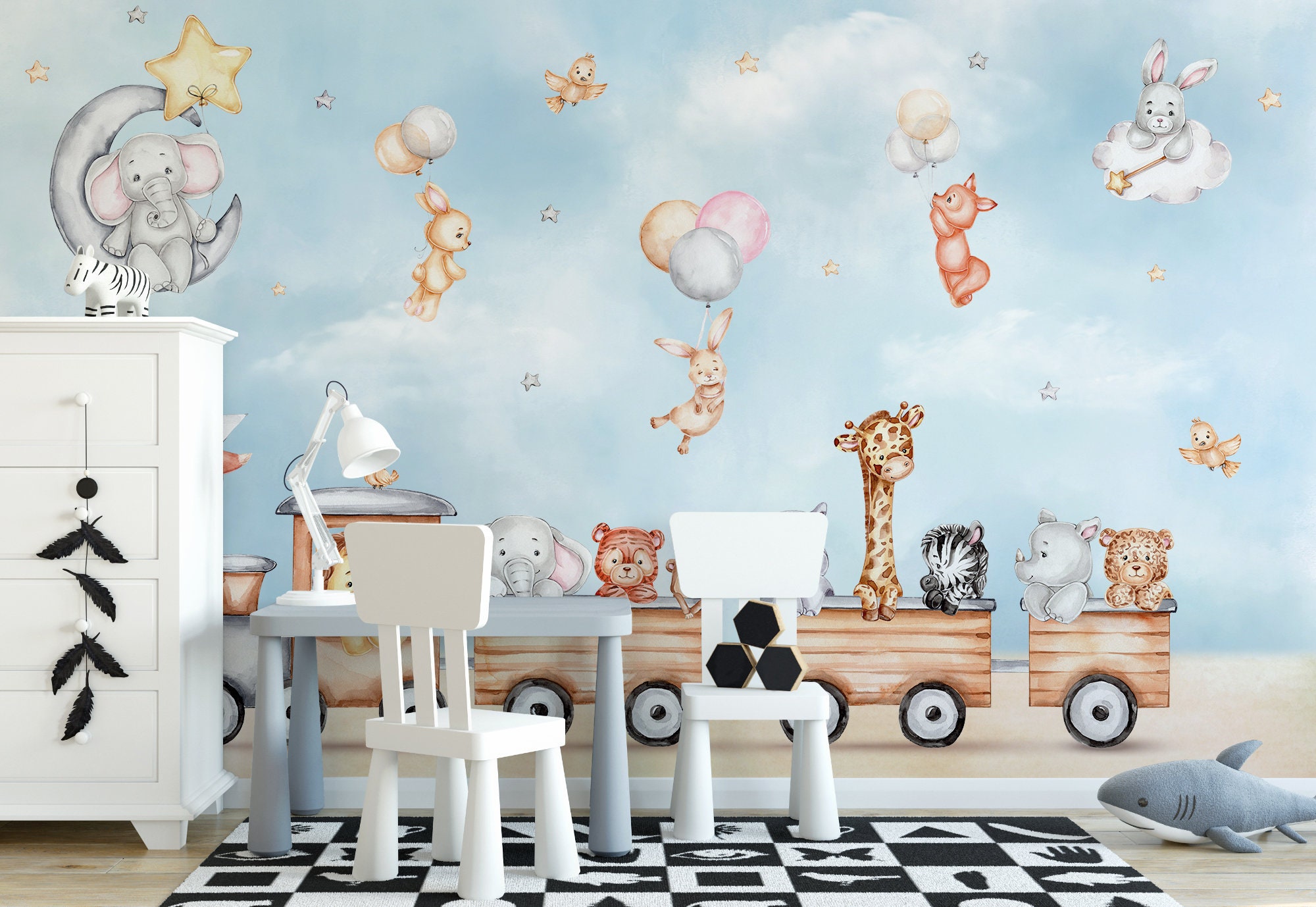 Kids Wallpaper Peel and Stick Cute Animals on Train Wall Mural Nursery ...