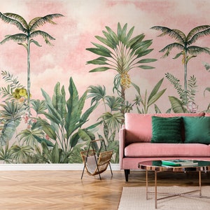 Chinoiserie Tapete schälen und aufkleben | Aquarell Palme Tropisches Wandbild | Wallpaper mit exotischen grünen Blättern