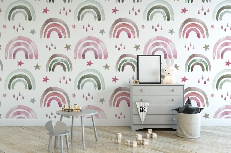 Kids Wallpaper Peel and Stick Nursery Soft Colorful Rainbow and Rain ...