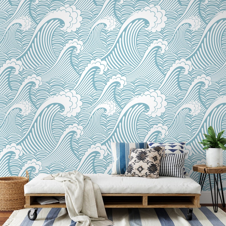 Wave Wallpaper Peel and Stick Pink Blue Ocean Waves Wall - Etsy