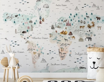 Kids Wallpaper Peel and Stick | Watercolor Kids World Map with Famous Place Wall Murals