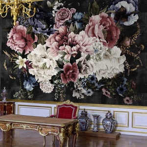 May include: A large floral print wallpaper mural featuring a bouquet of pink, white, and red flowers with dark green leaves on a black background.