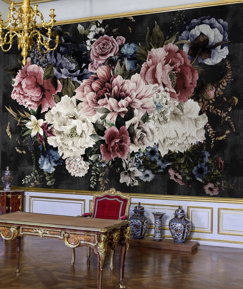 May include: A large floral print wallpaper mural featuring a bouquet of pink, white, and red flowers with dark green leaves on a black background.