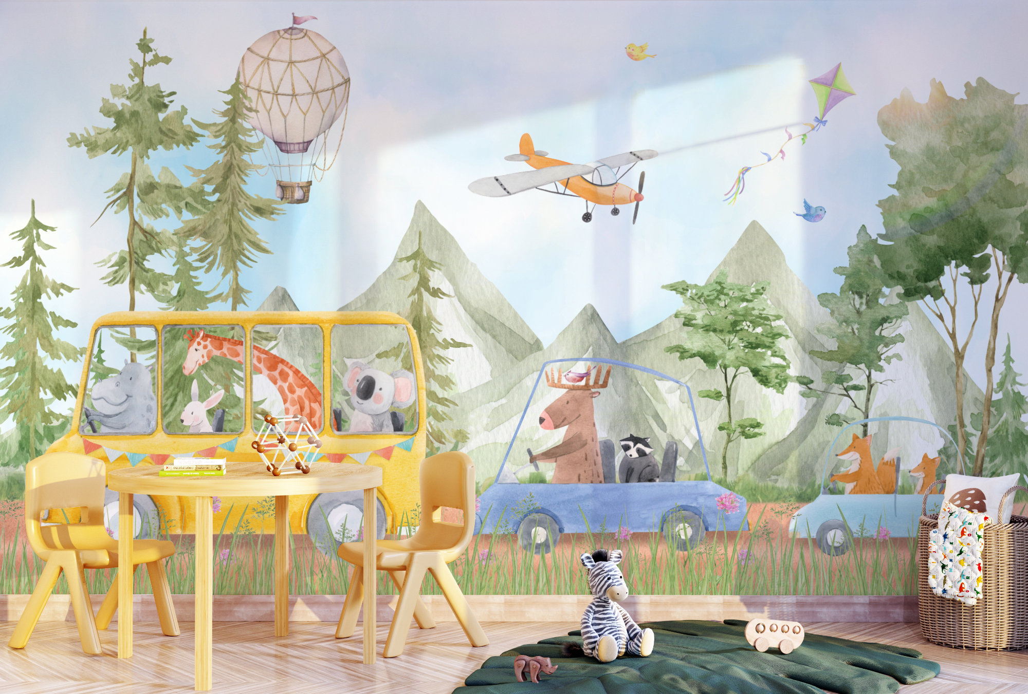 Kids Animal in the Bus Wallpaper Cute Forest Animals Wall Mural Peel and Stick