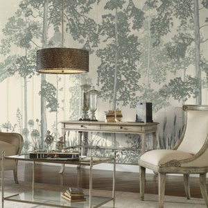 Boombehang Schil en plak zwart-wit boslandschap silhouet muur muurschildering