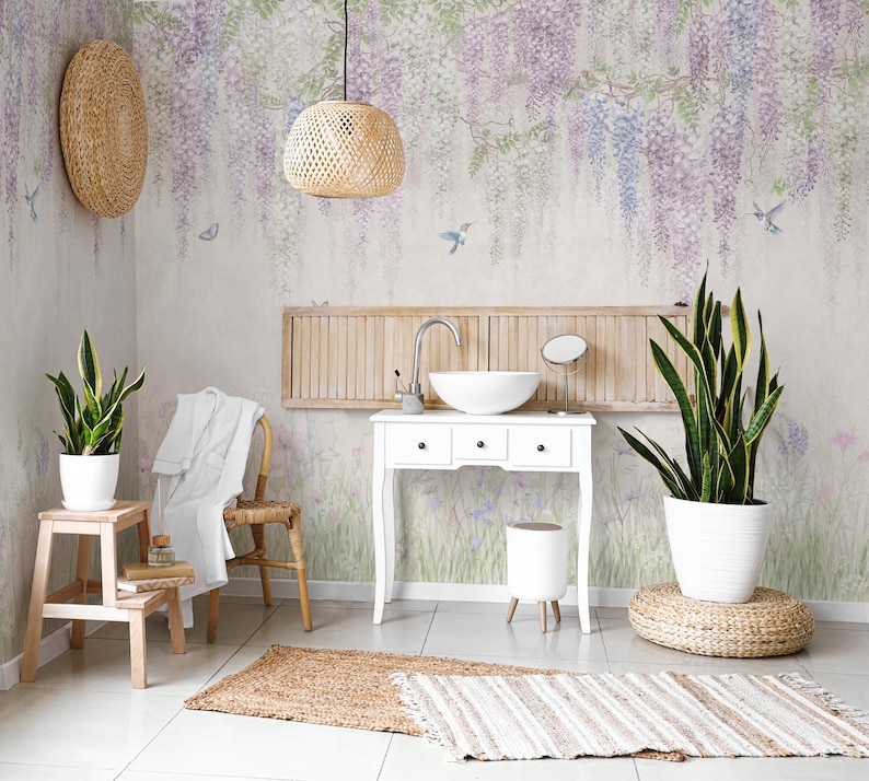 Vintage Wisteria Floral Wall Mural Hanging Flowers With Hummingbirds ...