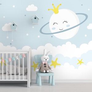 Carta da parati da staccare e incollare con nuvole morbide per bambini / Carta da parati con nuvole bianche per la cameretta dei bambini / Carta da parati con luna carina con cielo morbido