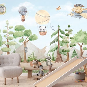 Carta da parati per bambini con adesivi / Carta da parati con animali volanti della foresta per bambini / Carta da parati con aerei e animali per cameretta dei bambini
