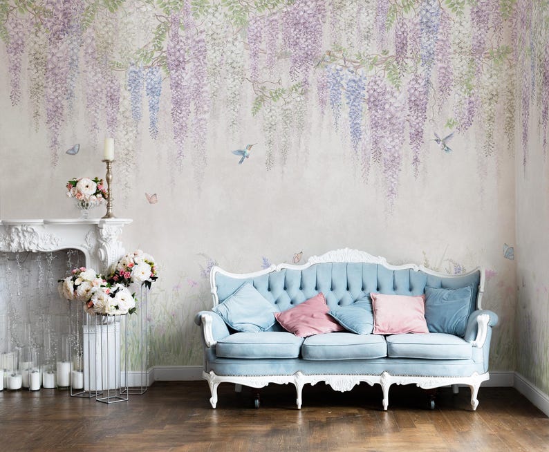 Vintage Wisteria Floral Wall Mural Hanging Flowers With Hummingbirds ...