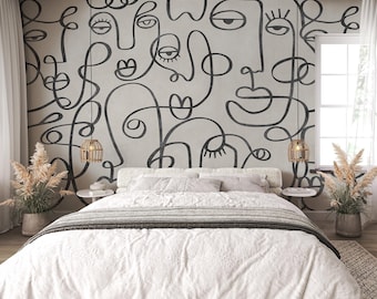 Papel tapiz de arte lineal abstracto con dibujo a lápiz, mural de pared con cara de mujer minimalista, papel tapiz despegable y adhesivo