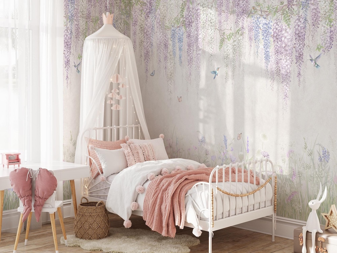 Vintage Wisteria Floral Wall Mural Hanging Flowers With Hummingbirds ...