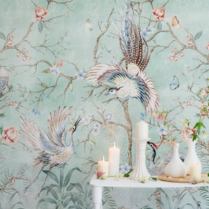 Chinoiserie Wallpaper Peel and Stick | Watercolor Chinese Birds with Blossom Wall Mural