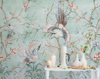 Tapeta Chinoiserie Peel and Stick | Akwarela Chińskie Ptaki z Kwiatem Fototapeta