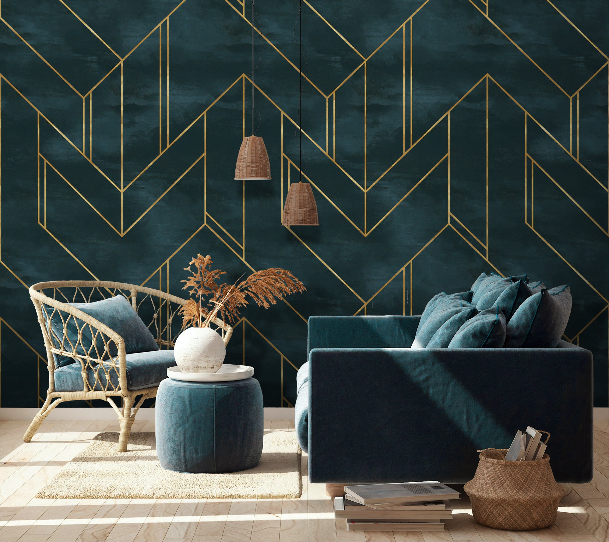 Dark Geometric Peel and Stick Wallpaper | Dark Blue Geometric Wall ...