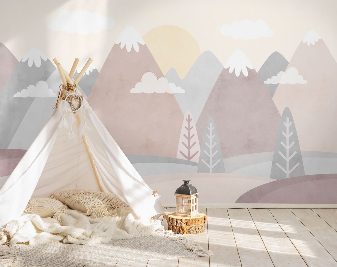 Nursery Mountain Wallpaper Peel and Stick Kids Soft Mountain Landscape