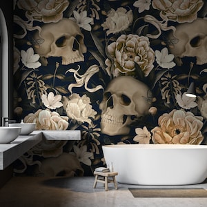 Dunkel Floral mit Schädel-Tapete | Gothic Blumen Wandbild | Tapete abziehen und aufkleben | Wallpaper mit Pfingstrosen Blumen