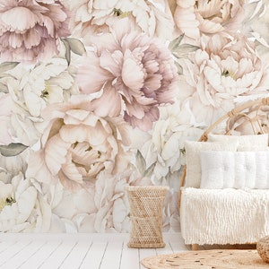 Pastel Peony Wallpaper Peel and Stick | Watercolor Soft Floral Wall ...