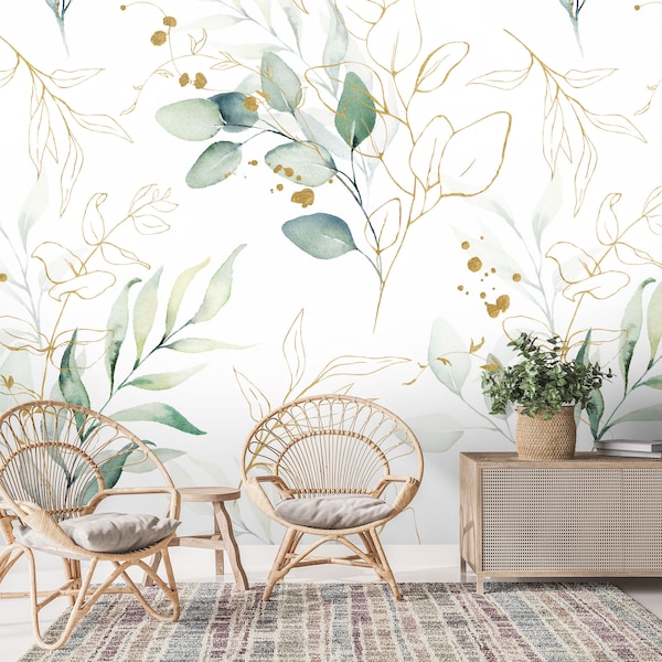 Aquarell Eukalyptus-Blatt-Tapete schälen und aufkleben-weiche grüne Blätter-Wand-Wandbild