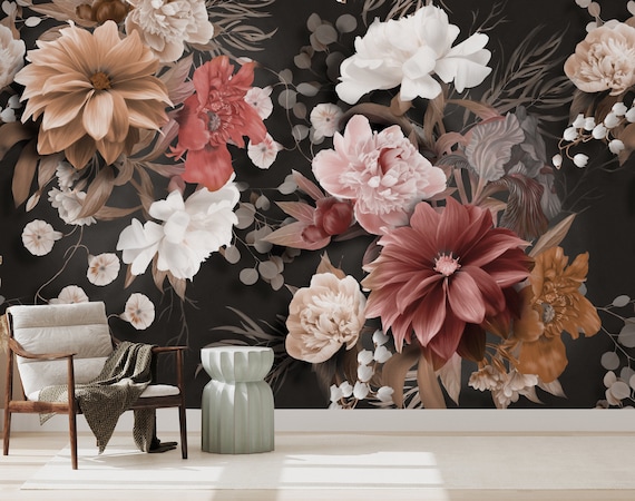 Dark Floral Wallpaper Realistic Flower Wall Mural Peel and Stick