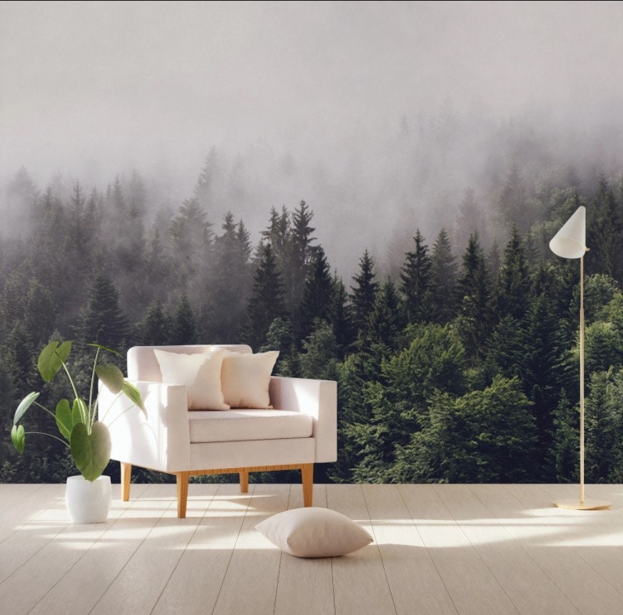 Misty Forest Landscape Wallpaper Peel and Stick Wall Mural - Etsy