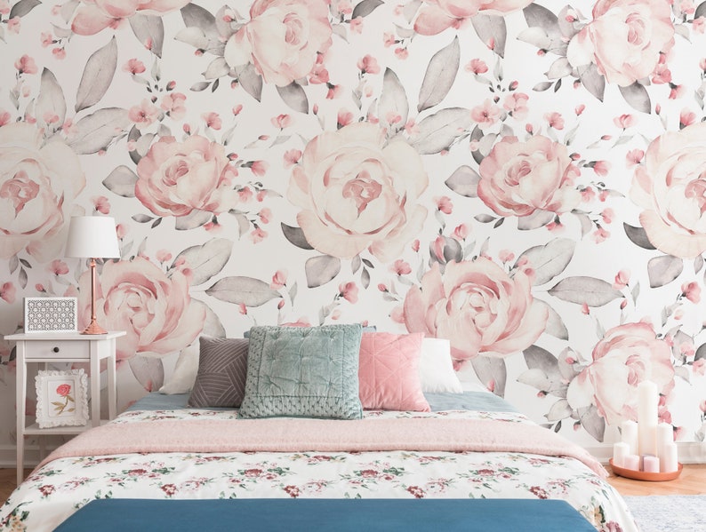 Pink Floral Wallpaper Peel and Stick | Watercolor Peony Flower for Kids ...