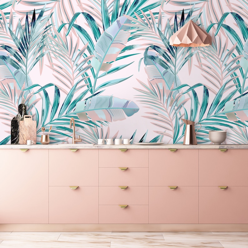 Leaf Wallpaper Peel and Stick Soft Pink Tropical Leaves Wall Etsy UK