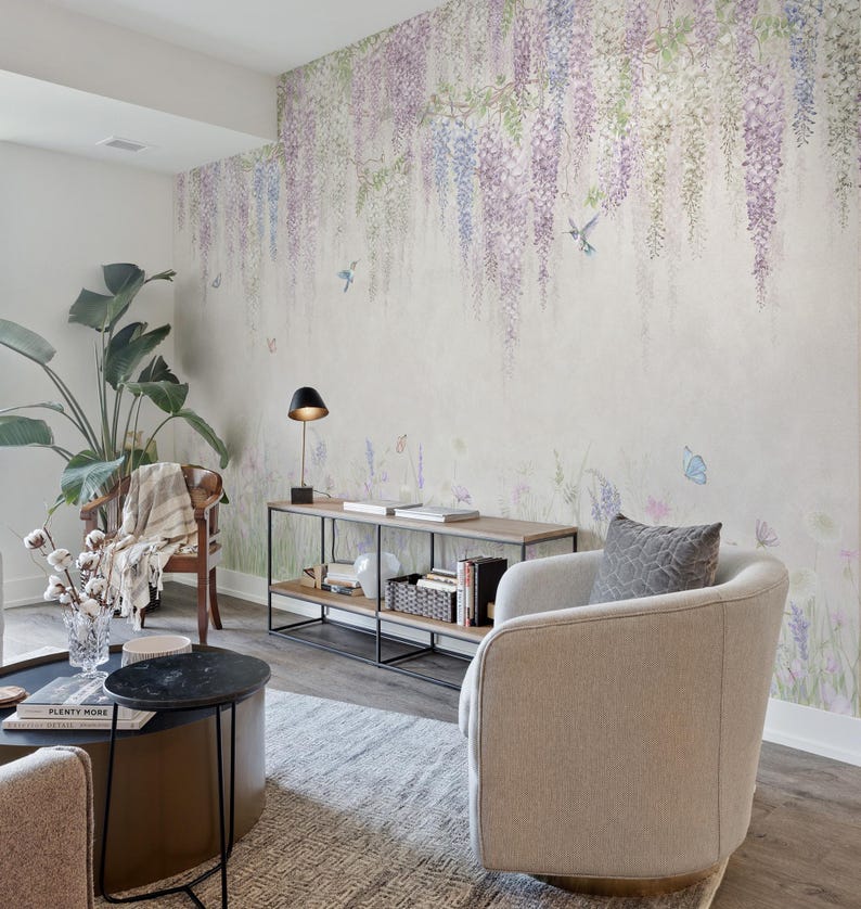 Vintage Wisteria Floral Wall Mural Hanging Flowers With Hummingbirds ...