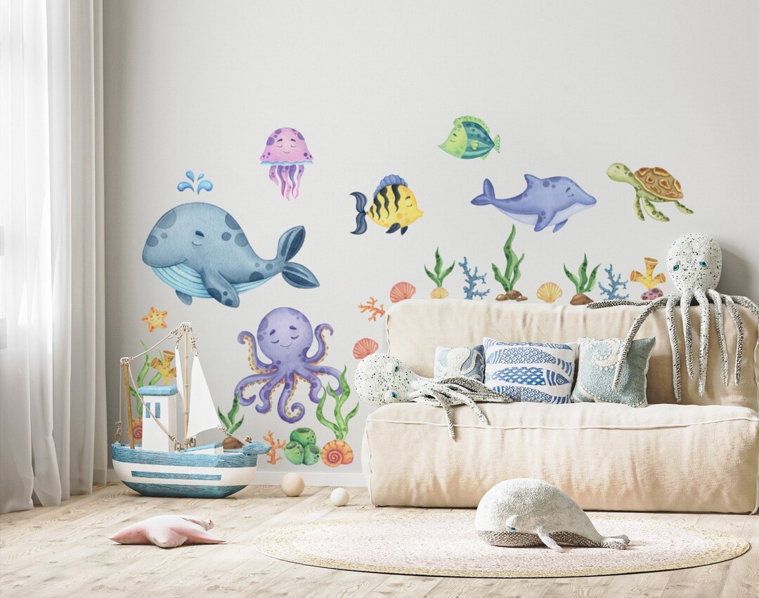 Kids Undersea Wall Decal Cute Whale With Sea Animals Wall Sticker Peel ...