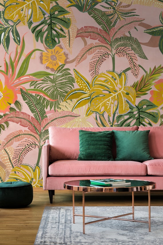 Pink Tropical Wallpaper Peel and Stick Colorful Summer Etsy UK