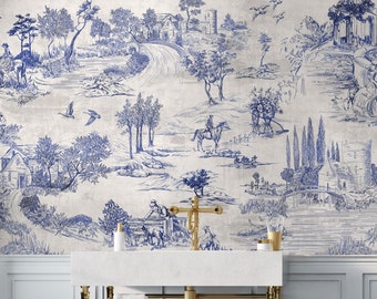 Vintage Monochrome Landscape Wallpaper Peel and Stick Jouy Style Landscape Wall Mural