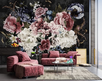 Dark Floral  Wallpaper Peel Stick Watercolor Peony Flower Wall Mural