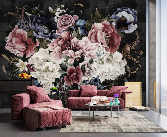 Dark Floral  Wallpaper Peel Stick Watercolor Peony Flower Wall Mural