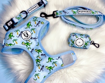 Dinosaur Dog Harness Set, Adjustable Puppy Harness, Palm Tree Dog Collar & Lead Set, Cute Small Dog Accessories