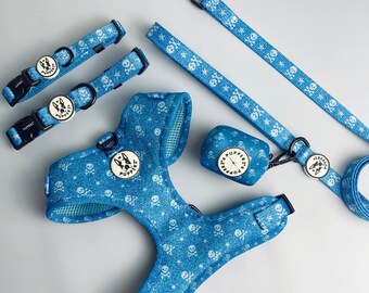 Skull Adjustable Dog Harness for Small and Medium Dogs, Adjustable Padded Puppy Collar, Blue Denim Look Skull Print Dog Harness Set