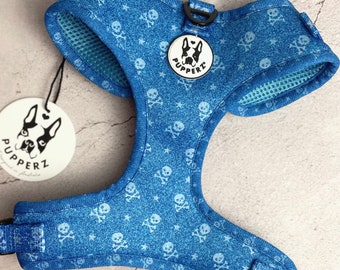 Skull Dog Adjustable Dog Harness for Small and Medium Dogs, Cool Denim Look Neoprene Harness, Boston Terrier, French Bulldog, Pug Harness