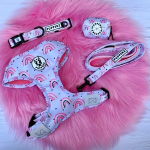 May include: A white dog harness with a rainbow and heart pattern, a matching leash, a pink and white poop bag holder, and a pink and white collar with the word "PUPPERZ" on it.