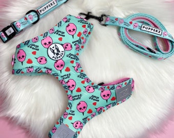 Cute Pink Dog Harness Set, Girly Puppy Harness, Candy Heart Dog Collar & Leash Set, Small Dog Accessories