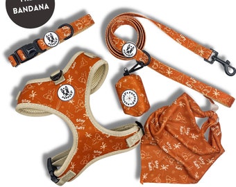 Hang Loose Beach Surf Shaka Neoprene Adjustable Burnt Orange Dog Harness Set, Collar, Leash, Poop Bag Holder | PUPPERZ
