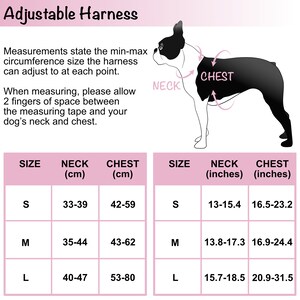 May include: A chart showing adjustable harness sizes for dogs in both inches and centimeters. The chart includes neck and chest measurements for small, medium, and large sizes.