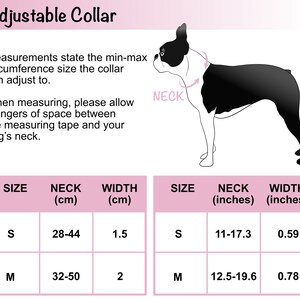 May include: A chart showing the size guide for an adjustable dog collar in both inches and centimeters. The chart shows the neck size and width of the collar in both measurements. The chart is pink and white.